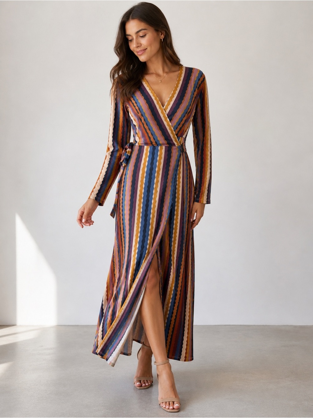 VICI Wrap Maxi Dress Striped Boho Long Sleeve Multicolor Size M